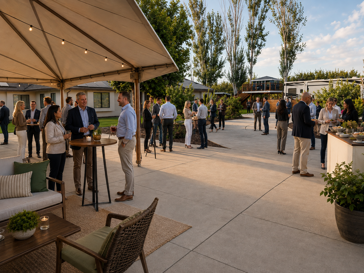 People attending a social gathering or party outdoors, standing in groups, chatting, and enjoying drinks. The scene takes place in a backyard or patio area with trees, a house, and a recreational vehicle in the background. The setting appears to be during the evening, with string lights providing ambient lighting.