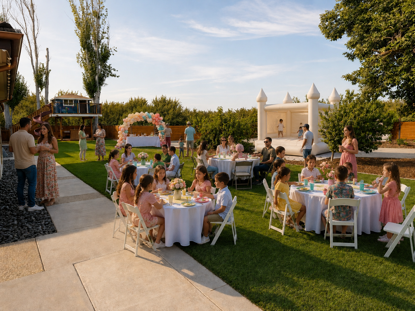 Kids and adults celebrating a birthday party in a backyard, with children at tables and a bouncy castle in the background.