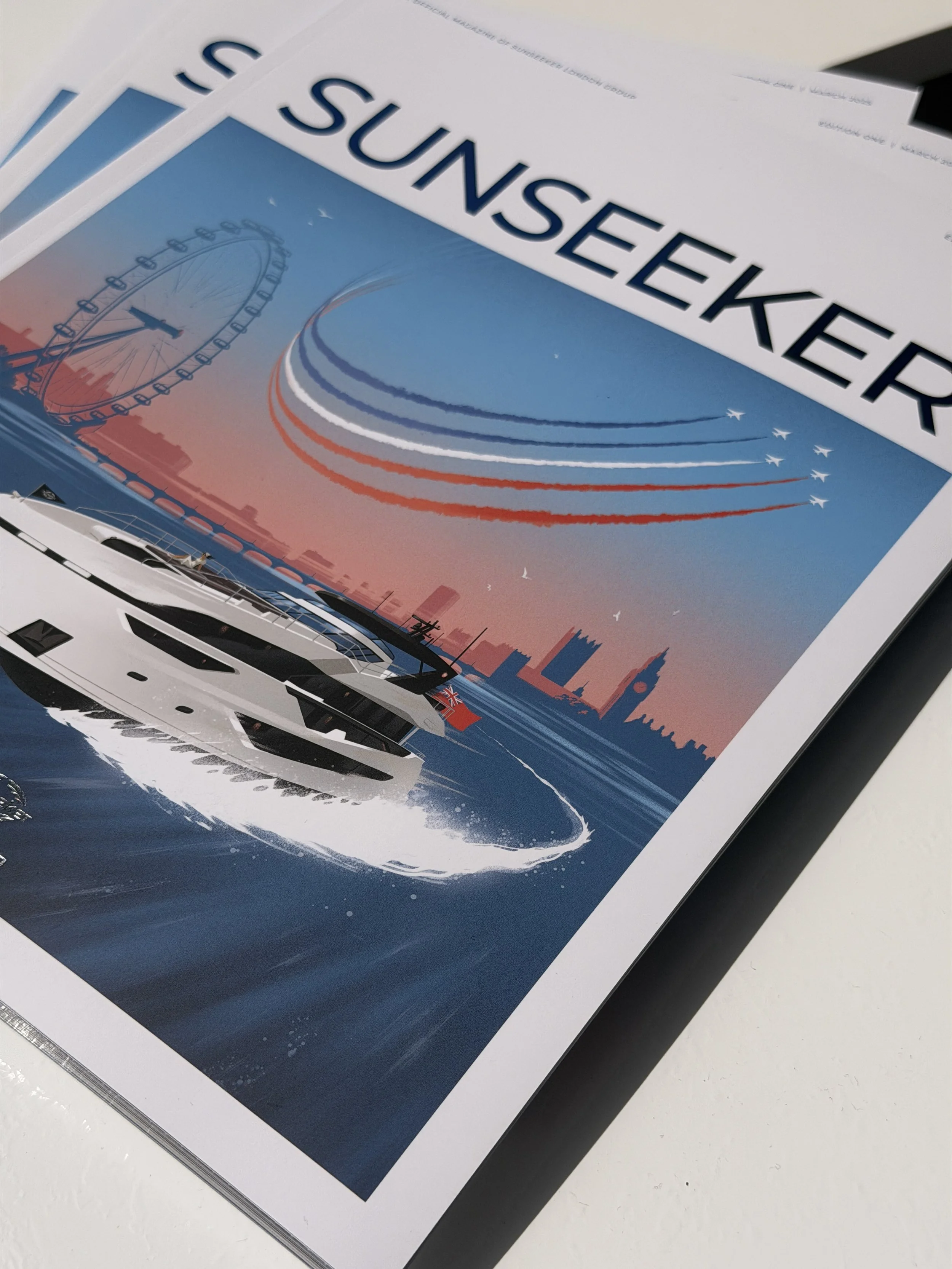 A brochure or magazine featuring an illustration of the London Eye ferris wheel, a yacht, and the London skyline at sunset, with red, white, and blue streaks representing a celebration of the United Kingdom.