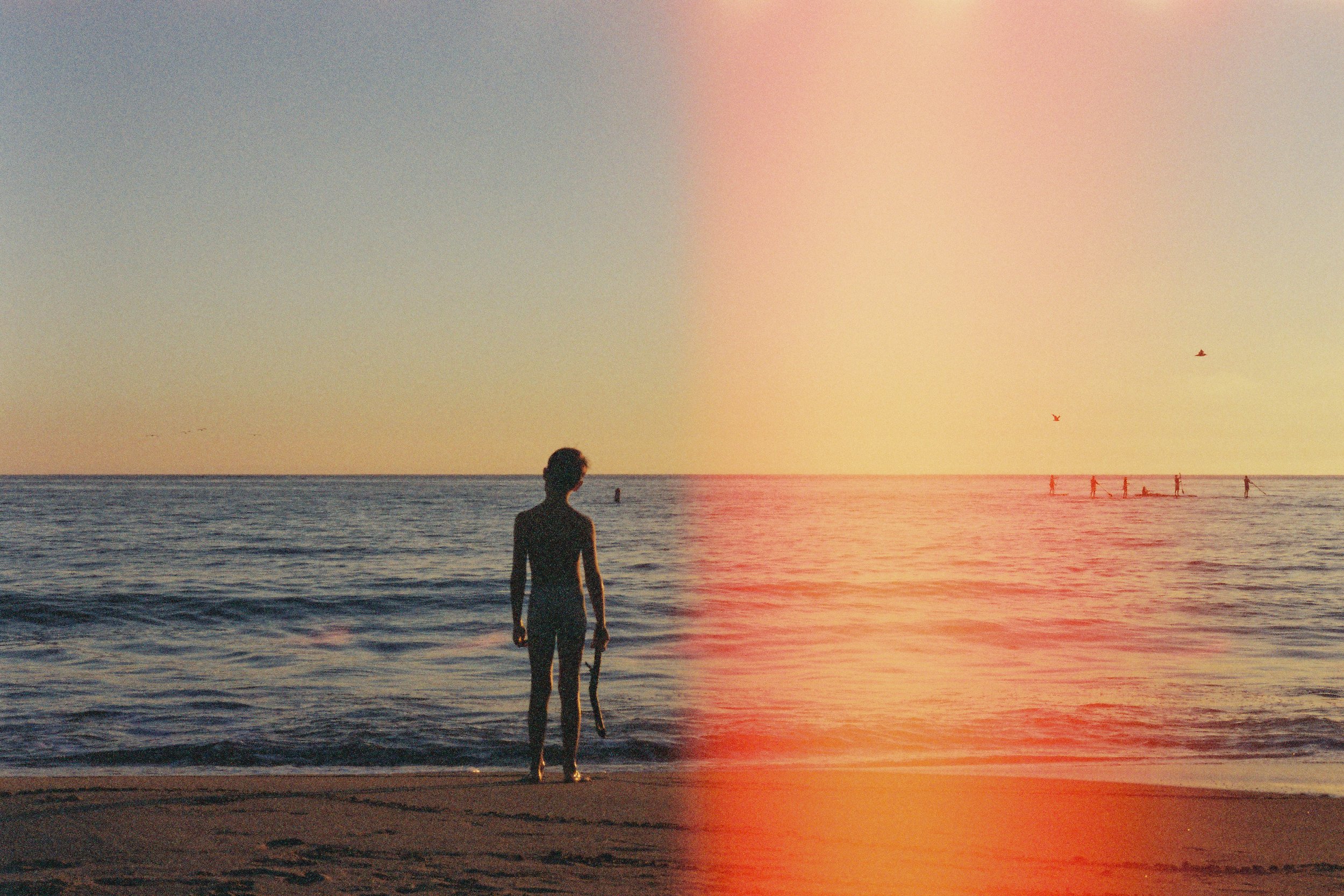 A person stands at the edge of the beach holding a surfboard, facing the ocean during sunset, with others paddleboarding in the water and birds flying in the sky.