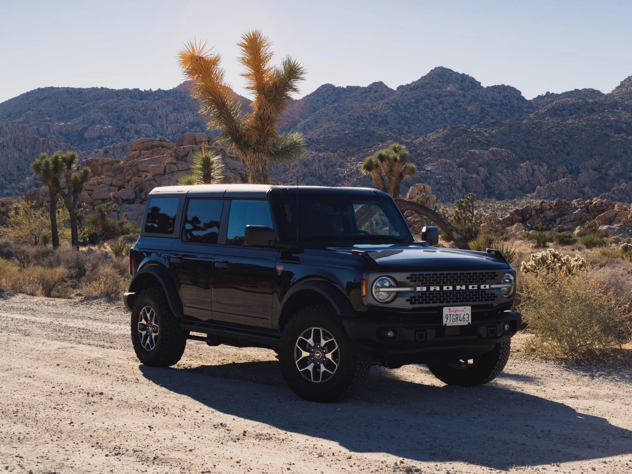 A black Ford Bronco parked on a desert dirt road with Joshua trees, rocky hills, and mountains in the background.