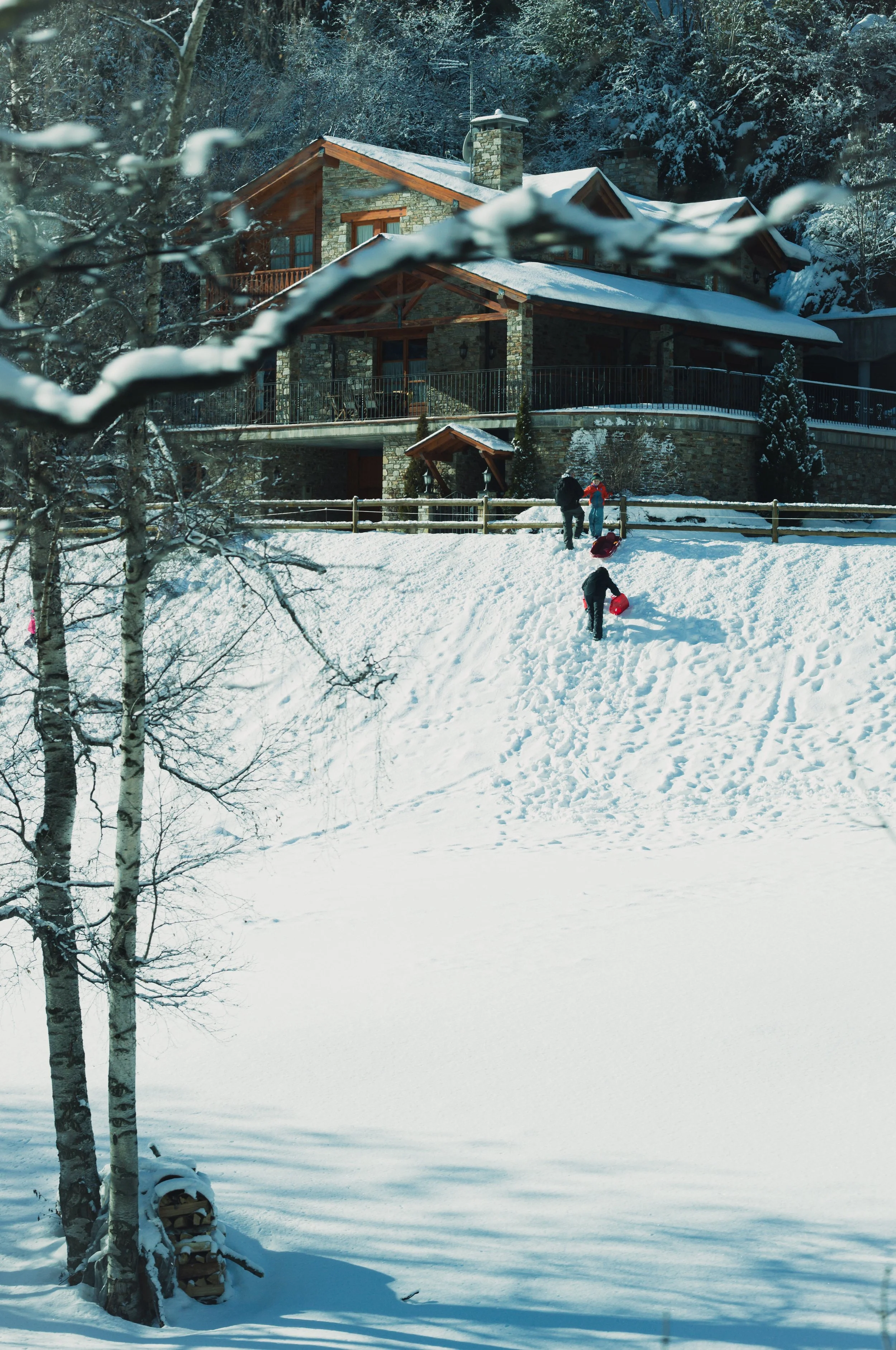 Children sledding down a snowy hill in front of a large stone and wood house surrounded by snow-covered trees.