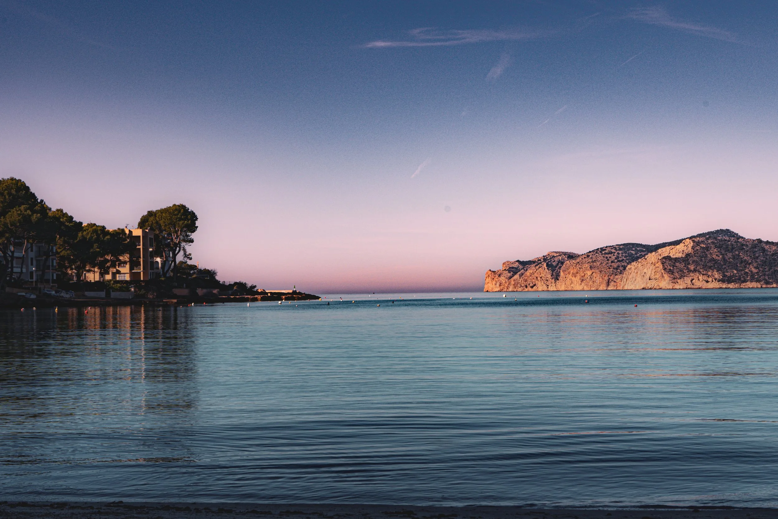 Coastal landscape at dusk with calm sea, rocky cliffs, trees, and buildings on the left.