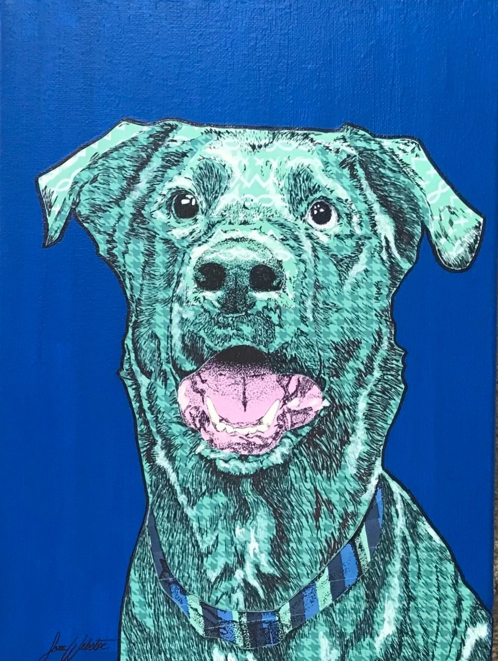 Collage of a dog with a happy expression, open mouth, and a collar, set against a blue background.