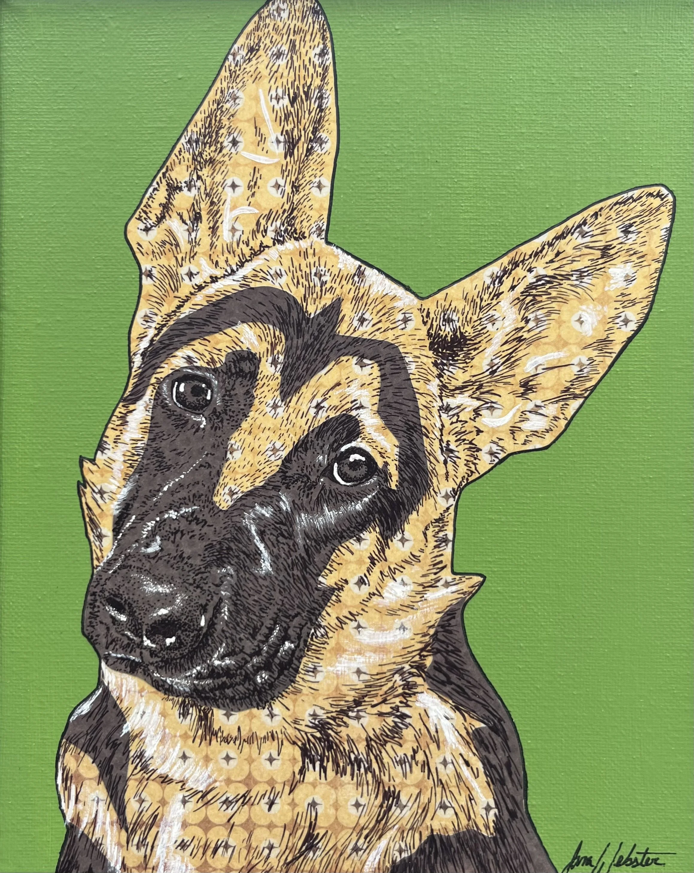 Portrait of a German Shepherd dog with a green background.