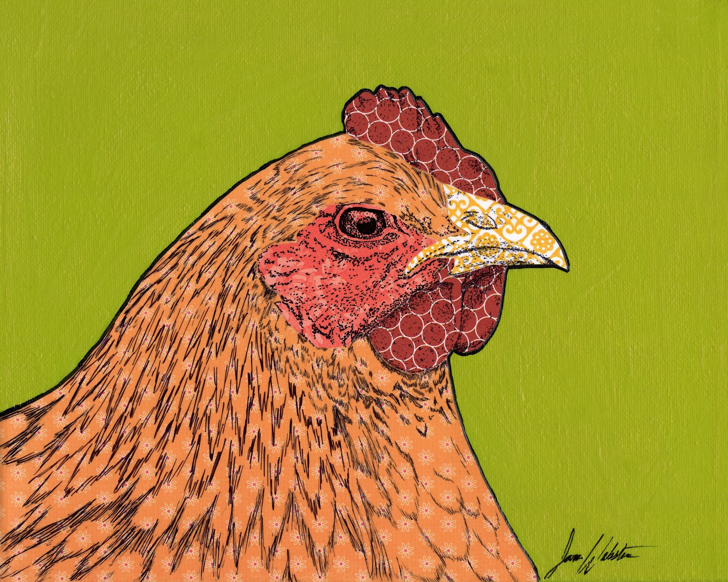 Close-up of a chicken's head and upper body, with a green background, artistic and colorful illustration style.