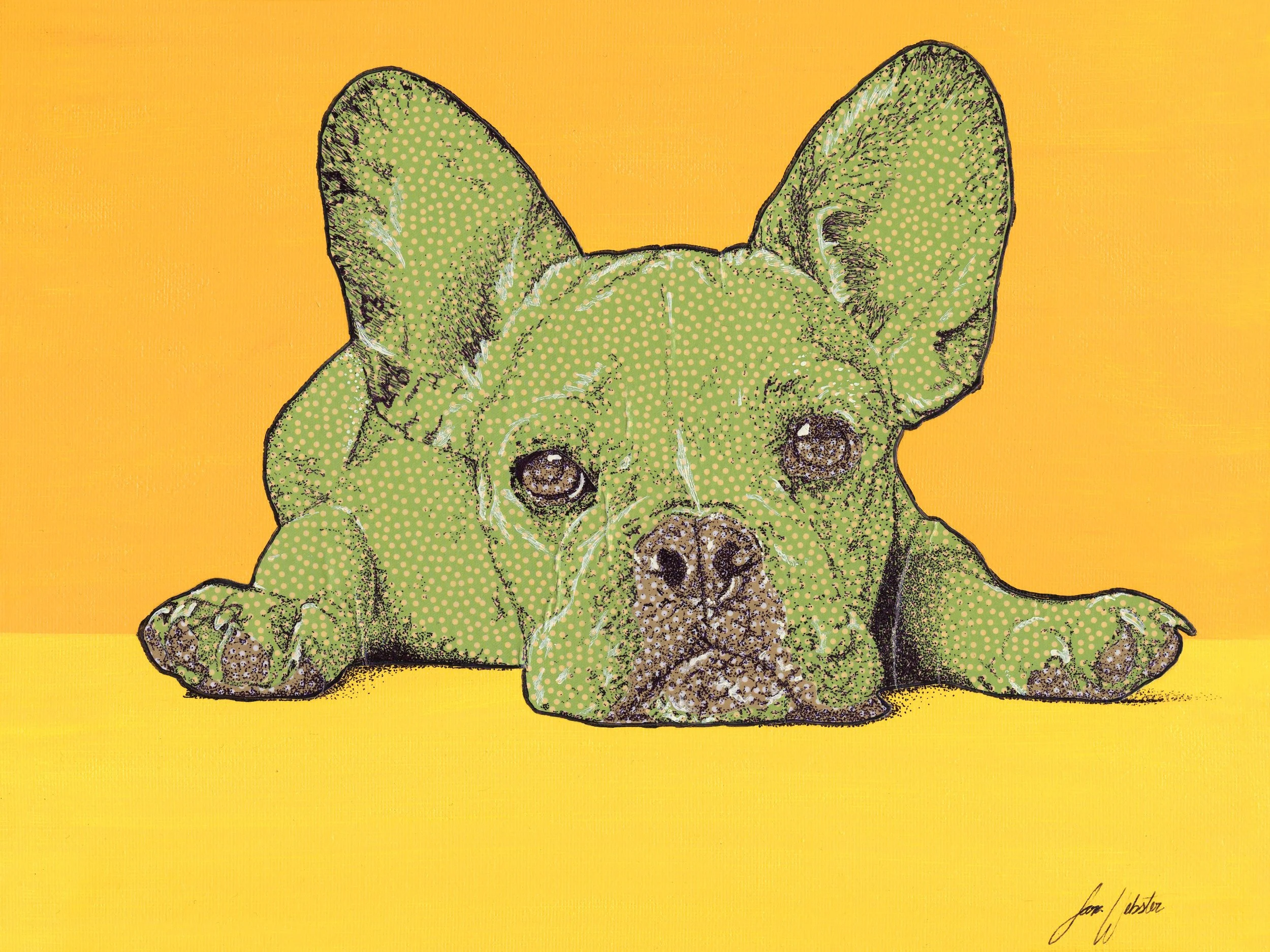 Pop art style portrait of a potato dog against a yellow background.