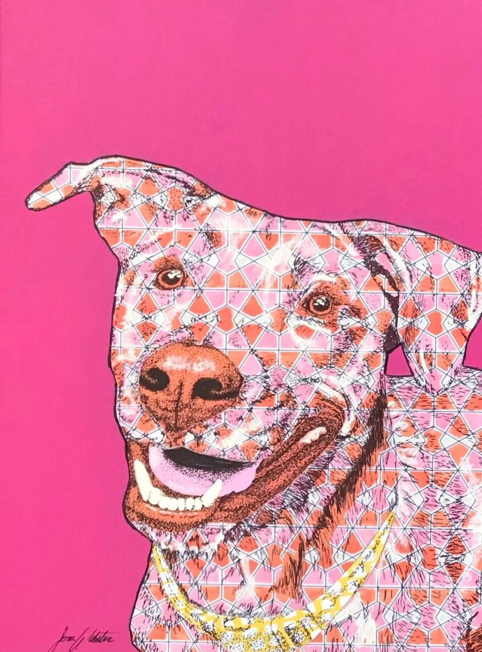 A colorful, artistic collage of a dog with a pink background, featuring geometric patterns and mosaic-like details on the dog's face and body.