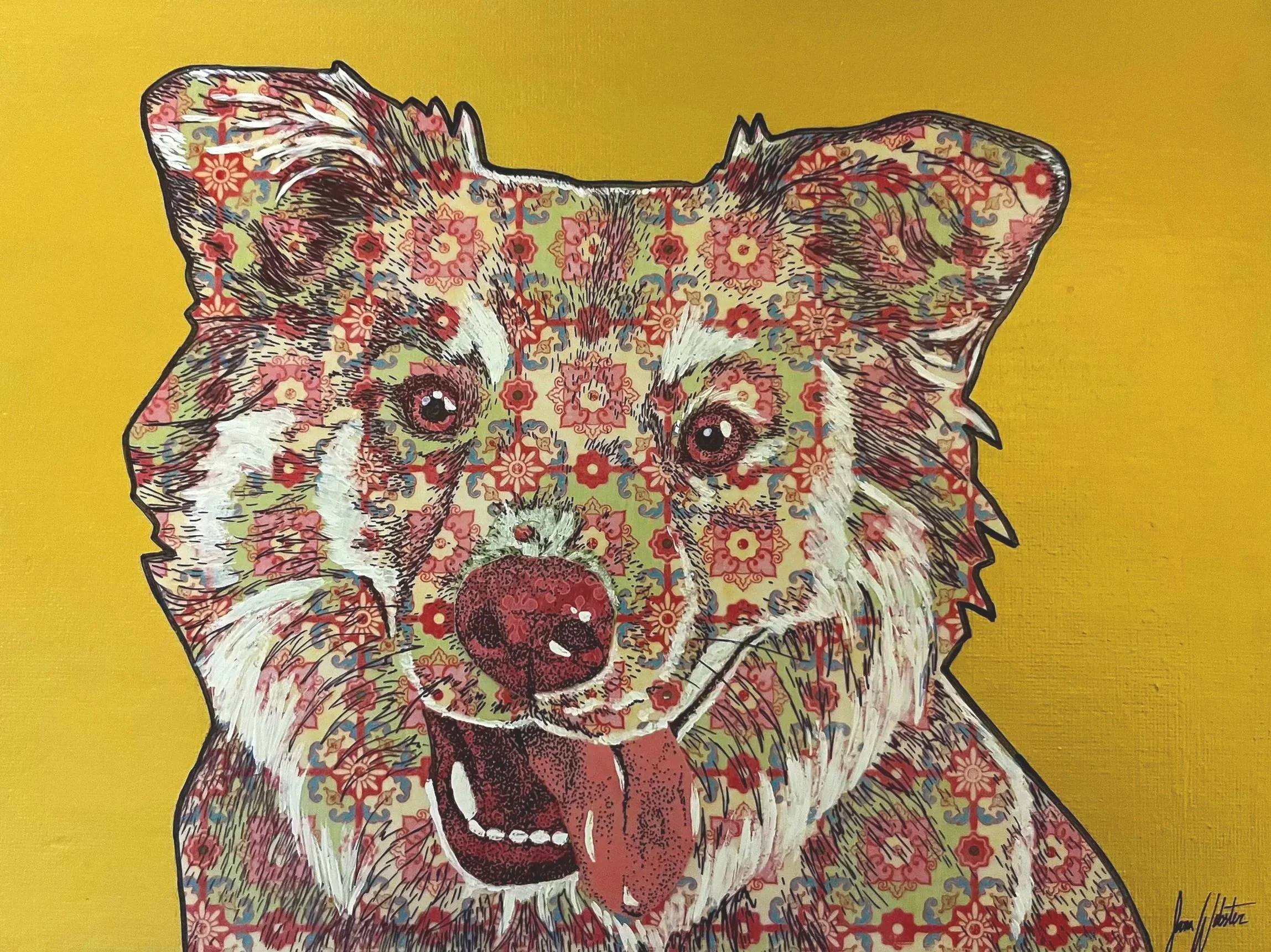 	
A collage of a dog's head with floral patterns on its face and ears, set against a yellow background.