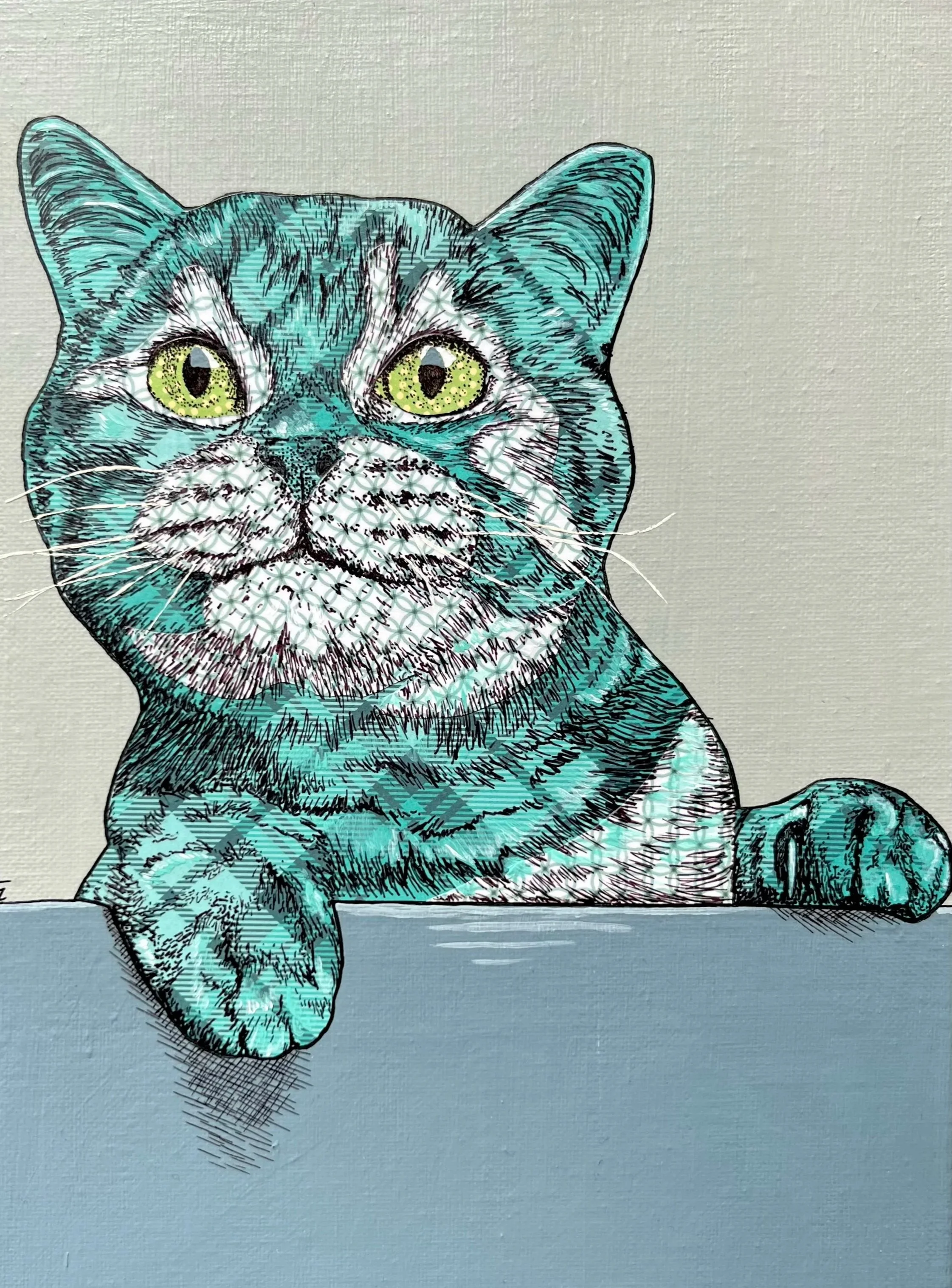 A detailed portrait of a cat with green eyes, peering over an edge with a light-colored background.