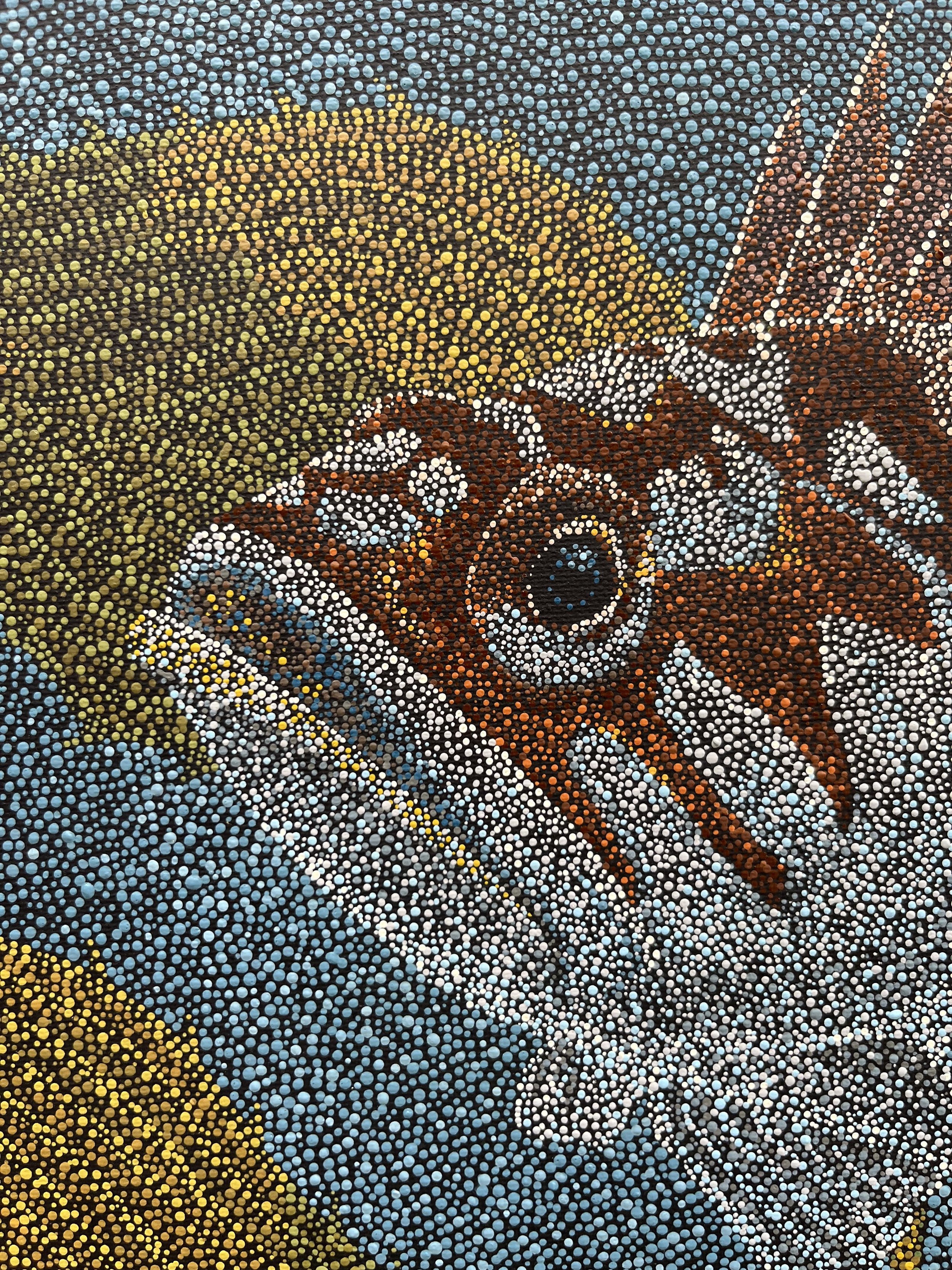 Close-up of a colorful pointillism artwork of a copper rockfish.