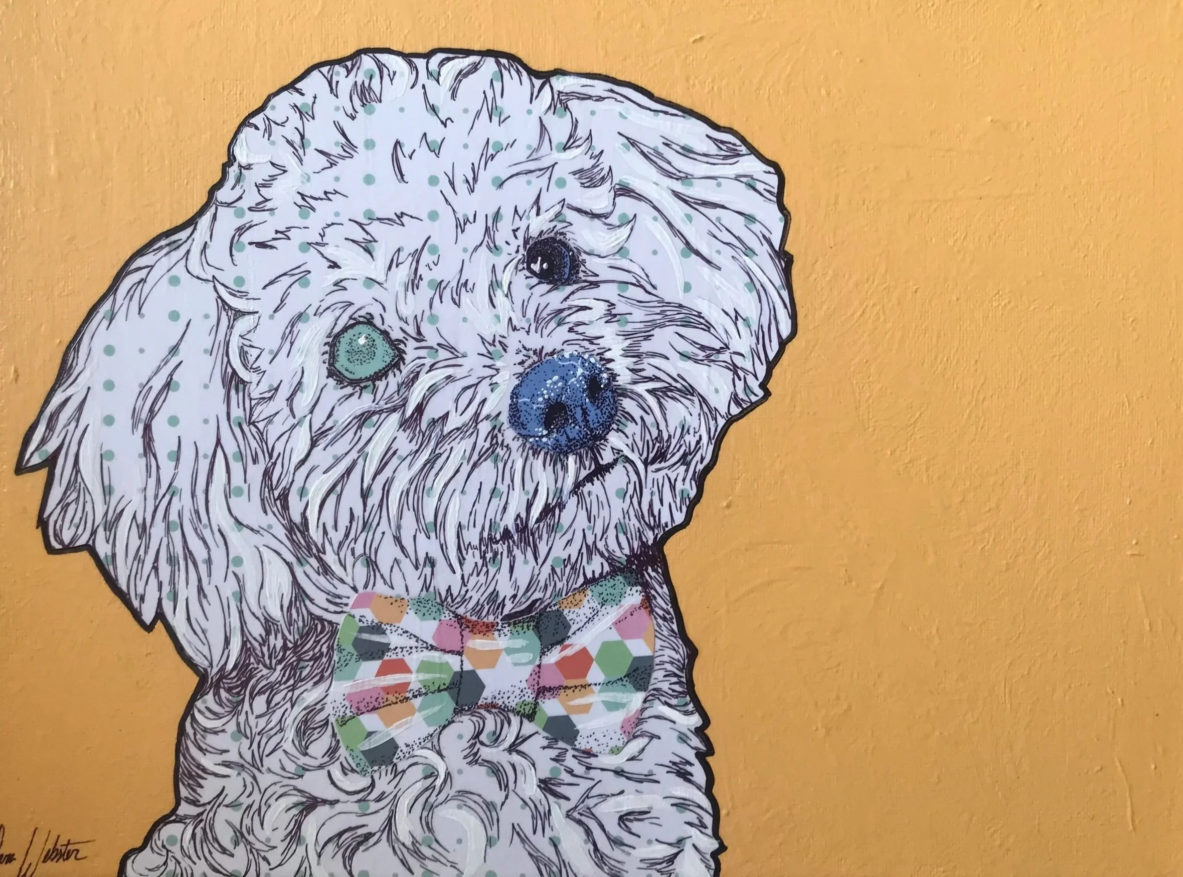 A collage of a fluffy dog, with a coat covered in colorful polka dots and a bandana with a colorful geometric pattern, against an orange background.