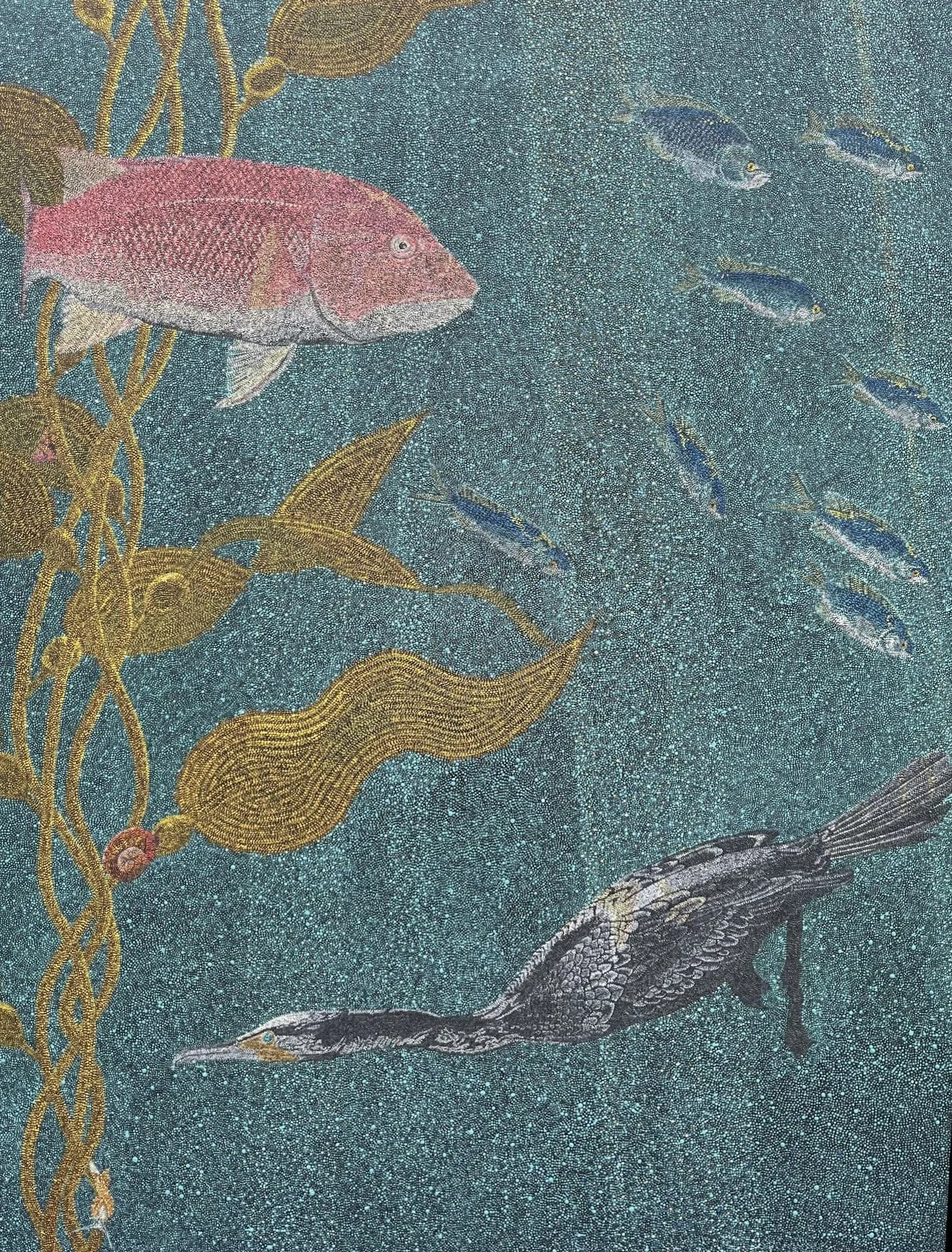 A pointillist artwork featuring various fish swimming among giant kelp with a cormorant swimming through it.