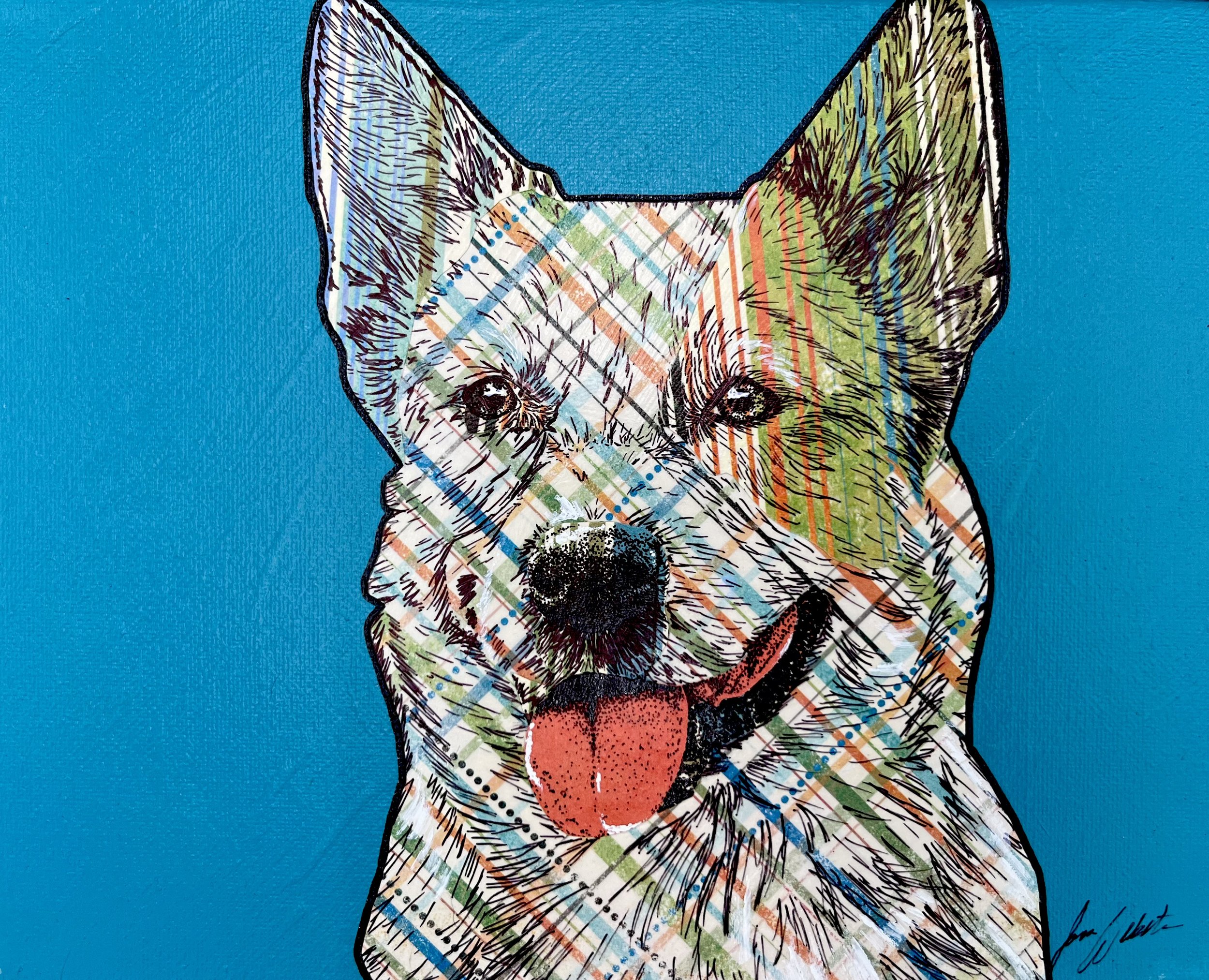 Colorful artistic portrait of a dog with large ears, detailed with various vibrant patterns and strokes on a bright blue background. Cattle dog.