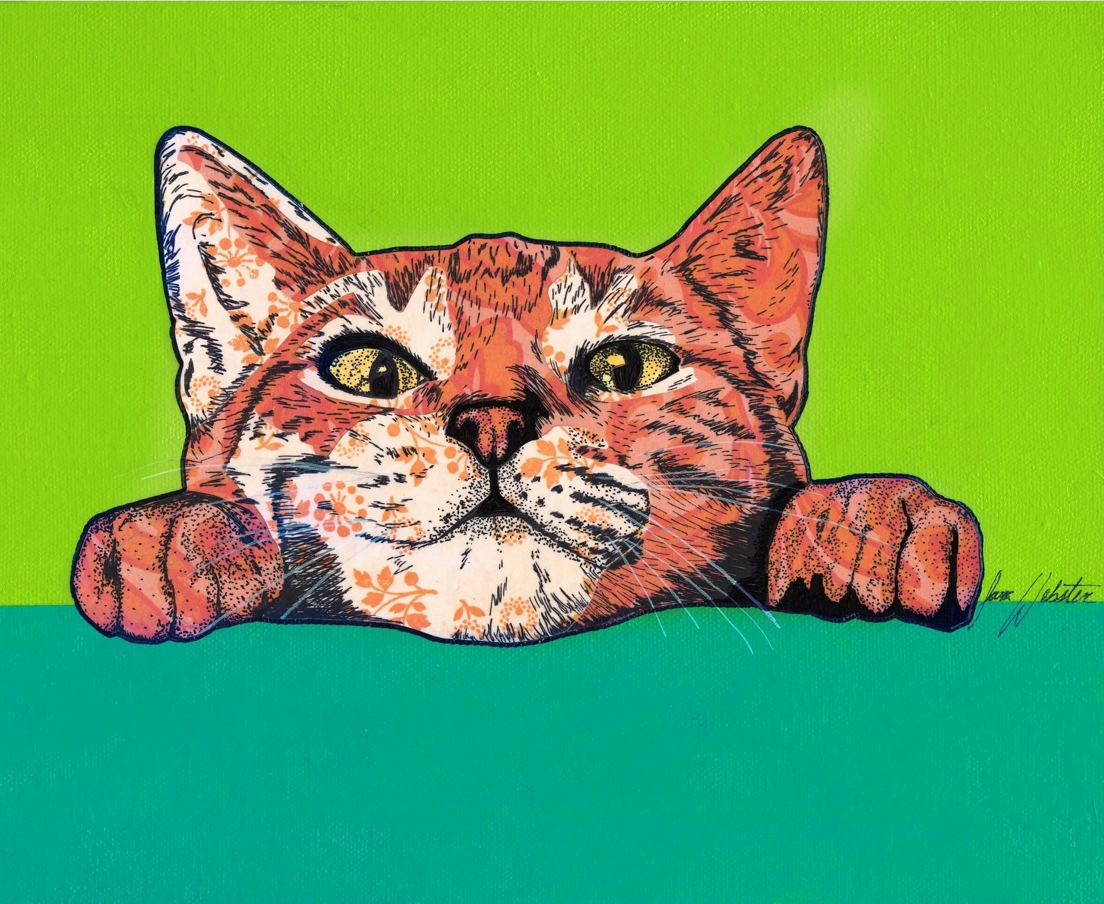 A colorful portrait of a cat with orange, white fur peering over a ledge on a vibrant green and blue background.