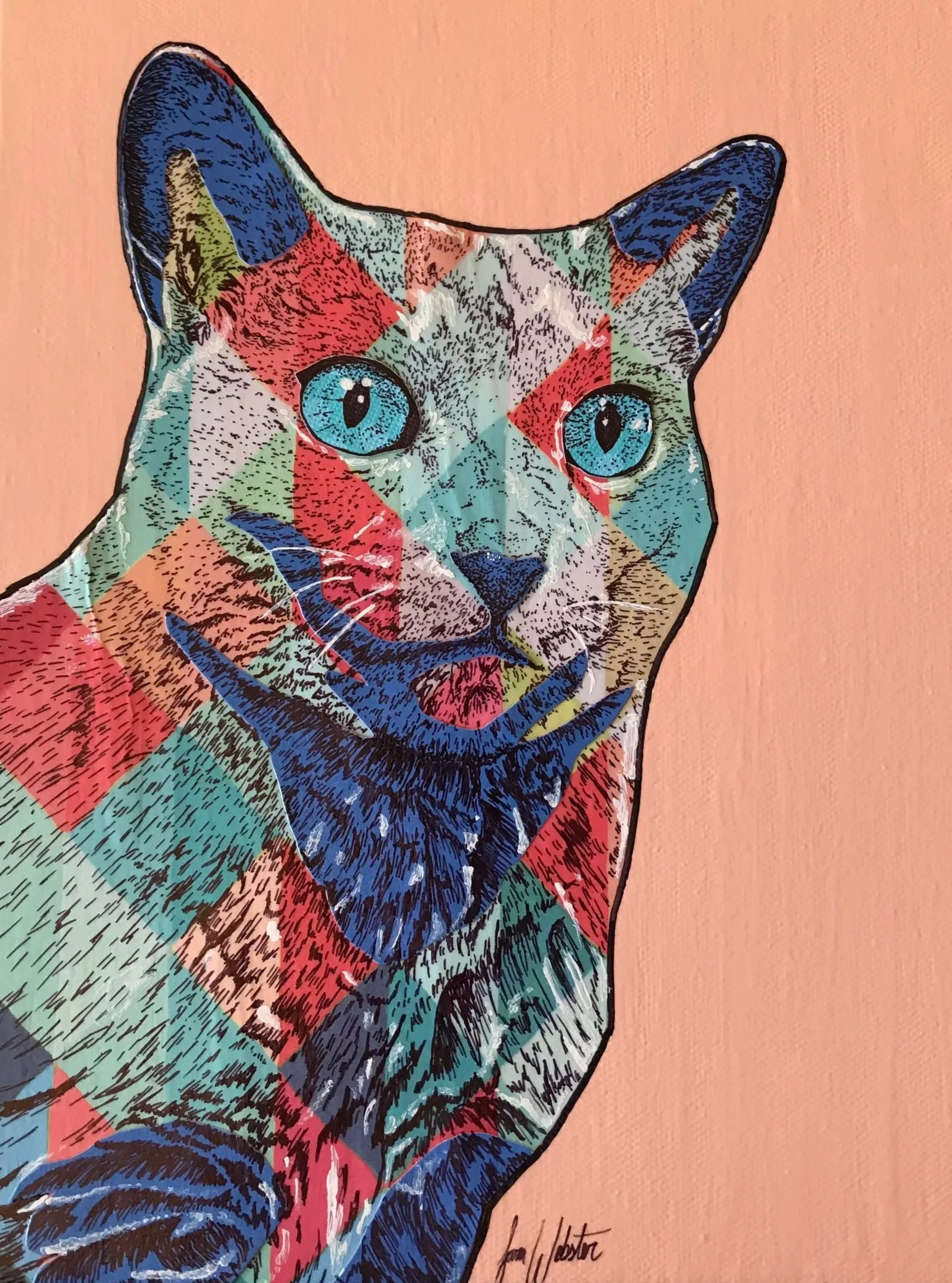 Colorful portrait of a cat with vibrant patches of red, blue, green, and beige on a pink background, with blue eyes.