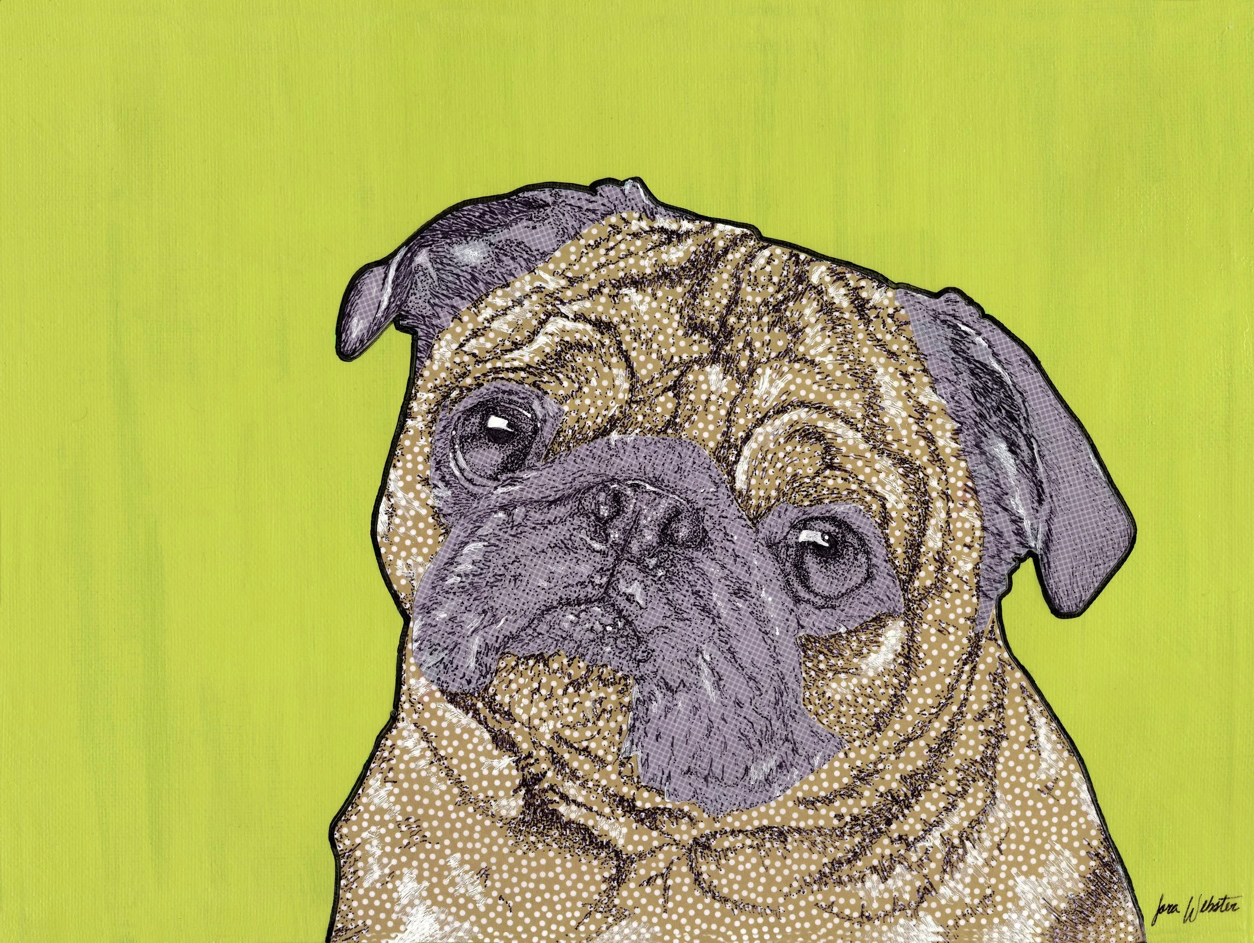 Pop art-style portrait of a dog, specifically a pug, with a solid lime green background.