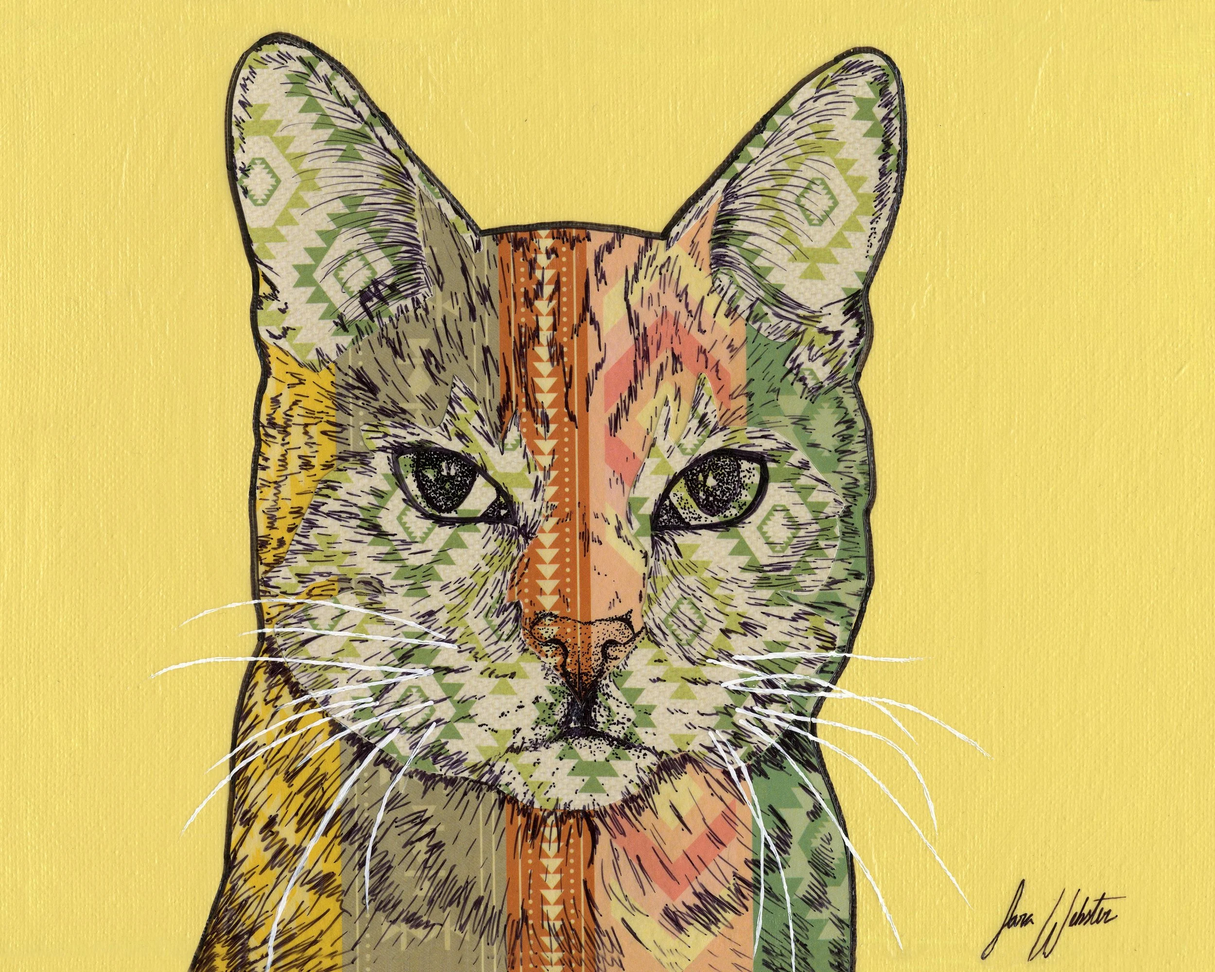A collage of a cat's face with a colorful, geometric pattern on a yellow background.