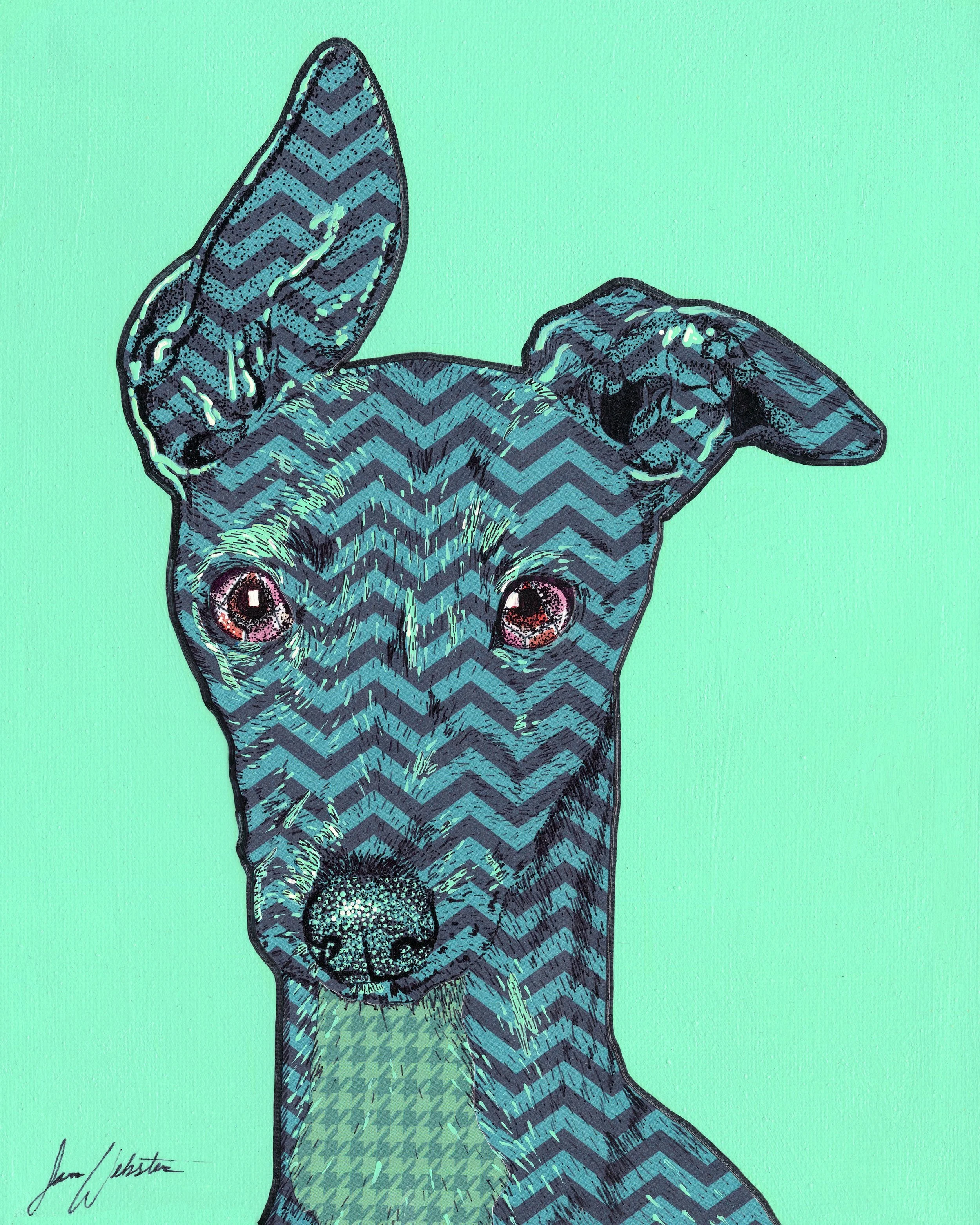 A collage of a dog with large, expressive eyes, featuring a zigzag pattern in shades of blue on its fur, set against a light green background.