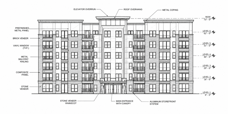 Architectural drawing of a multi-story residential building with detailed annotations for materials and features, including metal panels, brick veneer, vinyl windows, balconies, stone veneer, and an entrance with canopy.