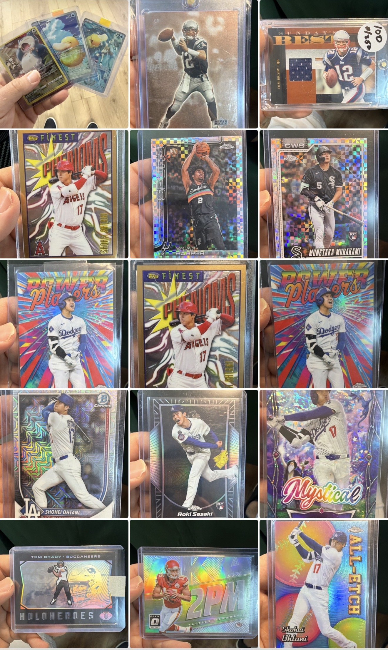 A collage of baseball and sports trading cards featuring various athletes in different poses and uniforms, some cards with holographic and colorful backgrounds, and others in protective cases.