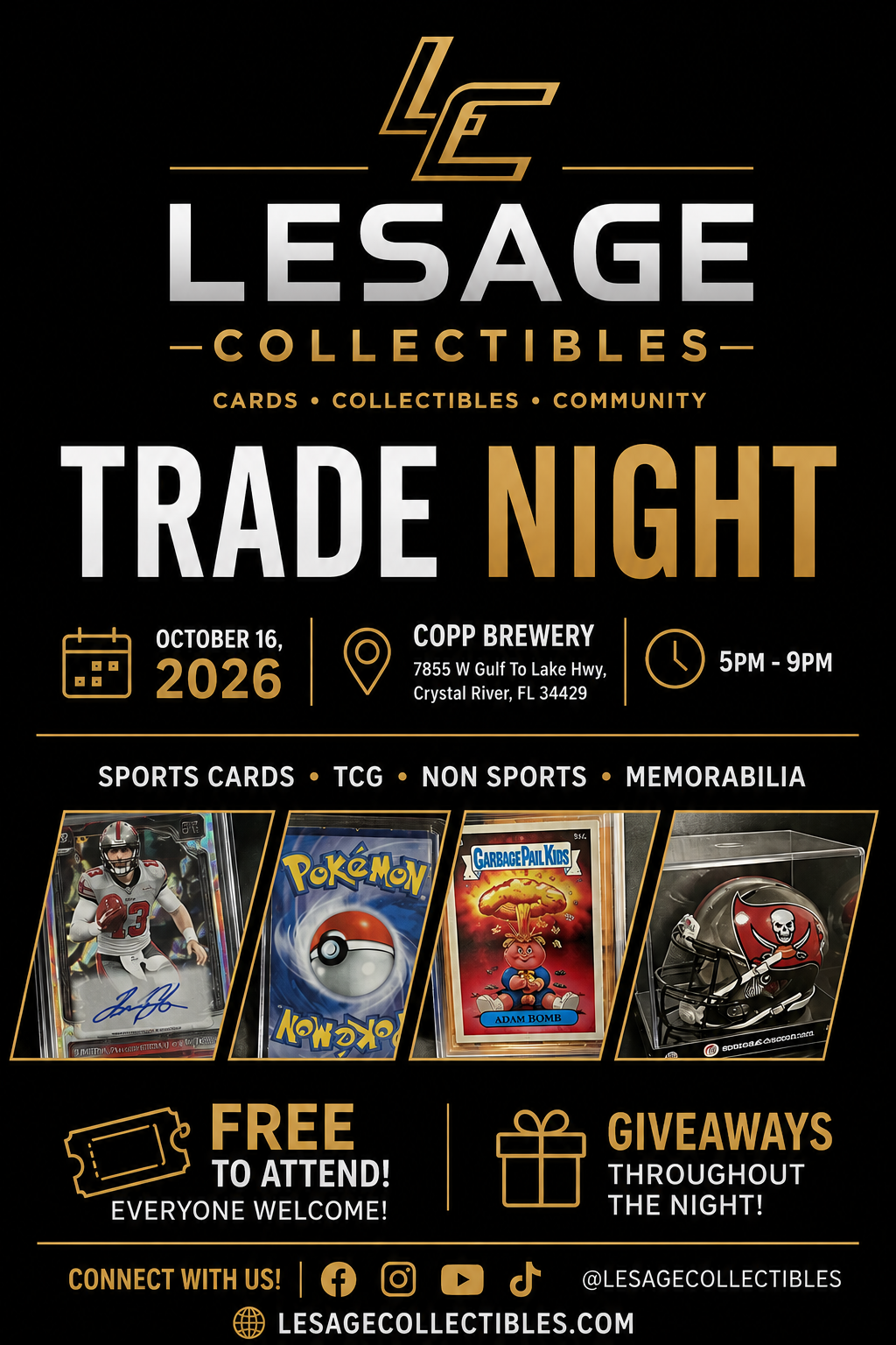 Event poster for Lesage Collectibles Trade Night at C.P.P. Brewery on October 16, 2026, from 5 PM to 9 PM, featuring sports cards, TCG, non-sports, and memorabilia, with free admission and giveaways.