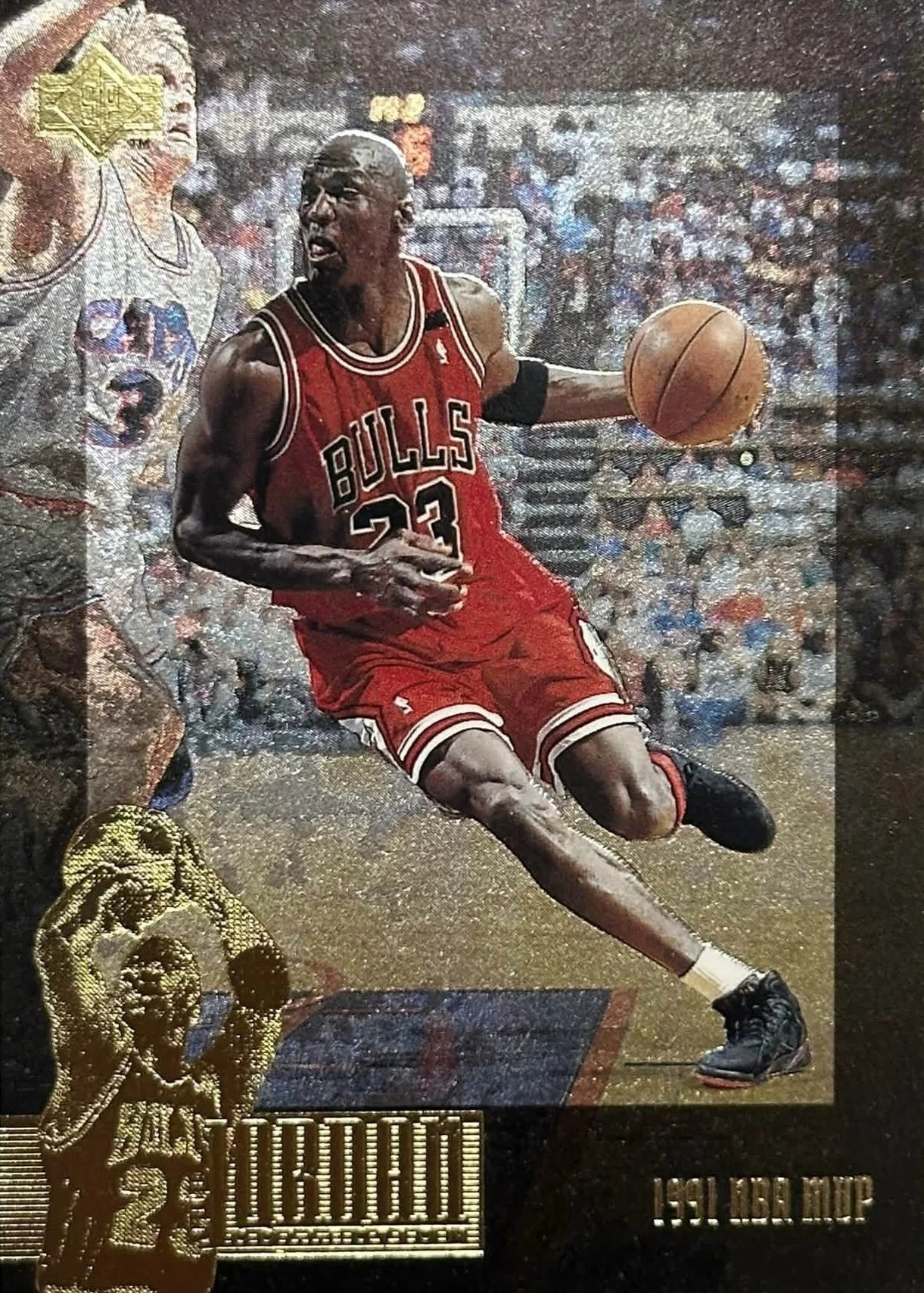 A painting of a basketball player wearing a red Chicago Bulls jersey number 23, dribbling a basketball on a court. The background features a crowd at a game and a player in a gold uniform.