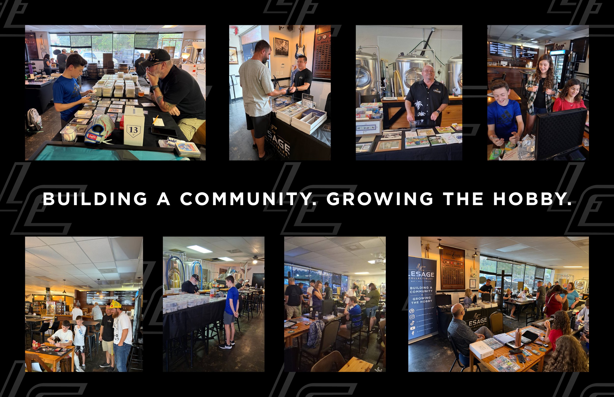 Collage of photos from a community event at a hobby store, showing people browsing tables with collectibles, chatting, and sitting in a well-lit indoor space with large windows, banners, and displays.