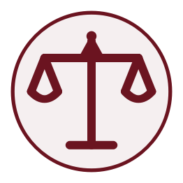 Symbol für Gerechtigkeit oder Rechtsprechung mit Waage in einem roten Kreis