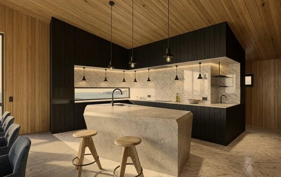 Moderne kjøkken med treverk, svartfinérskuffer, en stor steinøy og underlimt vask, med trekantede benkestoler og en lang stripe av vannspeill og hvite marmorfliser.