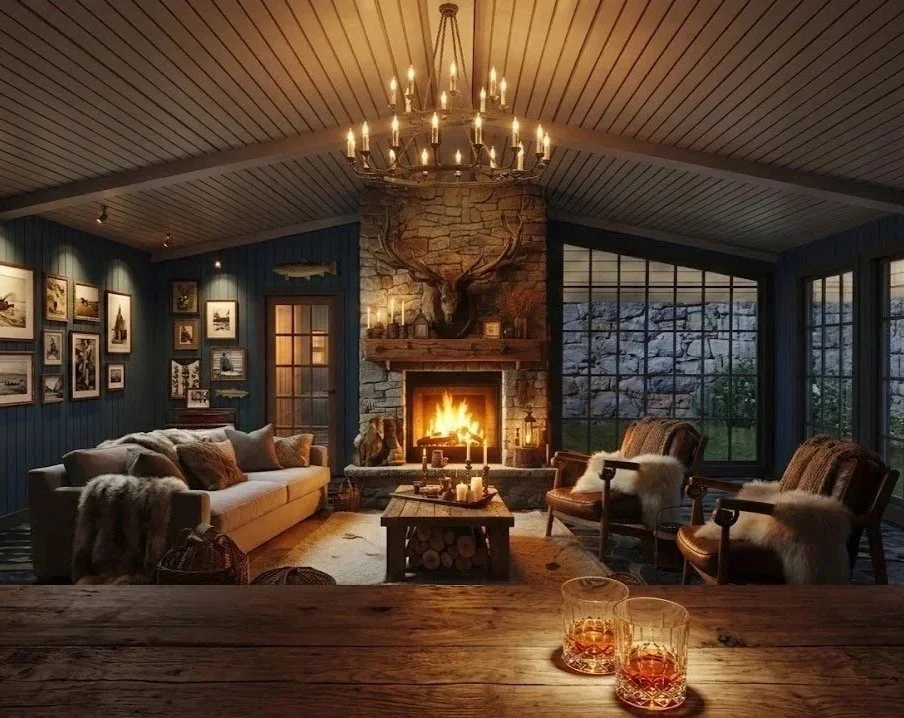 Stue med peis, antlerskult of fire, sofa, lenestoler, bilder på veggen, chandelier, store vinduer, og to whiskey-glas foran.