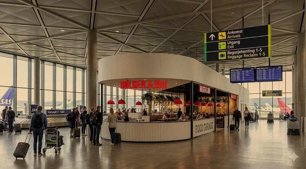 Passasjerer i flyplasshal, noen står i kø og andre går med koffert, ved en matstasjon med skilt som sier "BOLGEN & MOI" og "FOOD GARAGE", med store vinduer med fly utenfor.