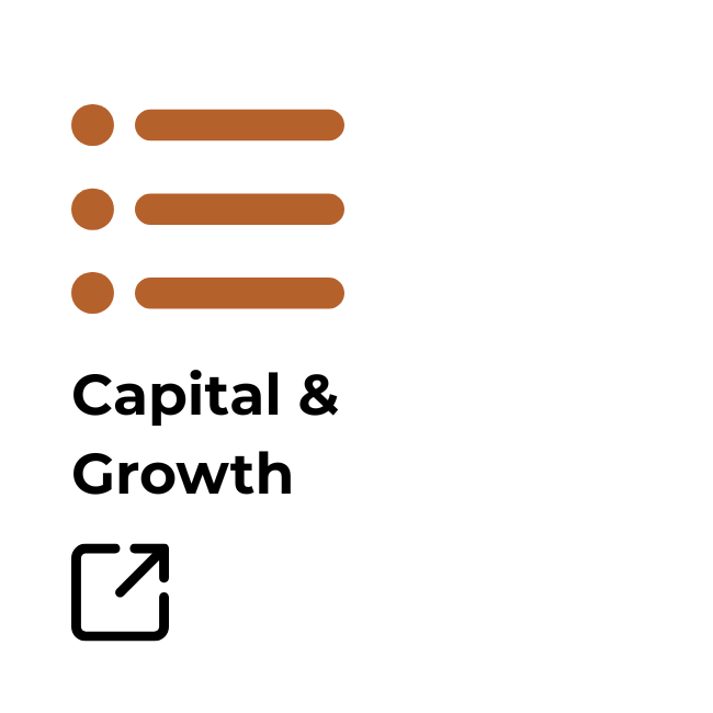 Title 'Capital & Growth' with bullet points above and an external link icon at the bottom left.