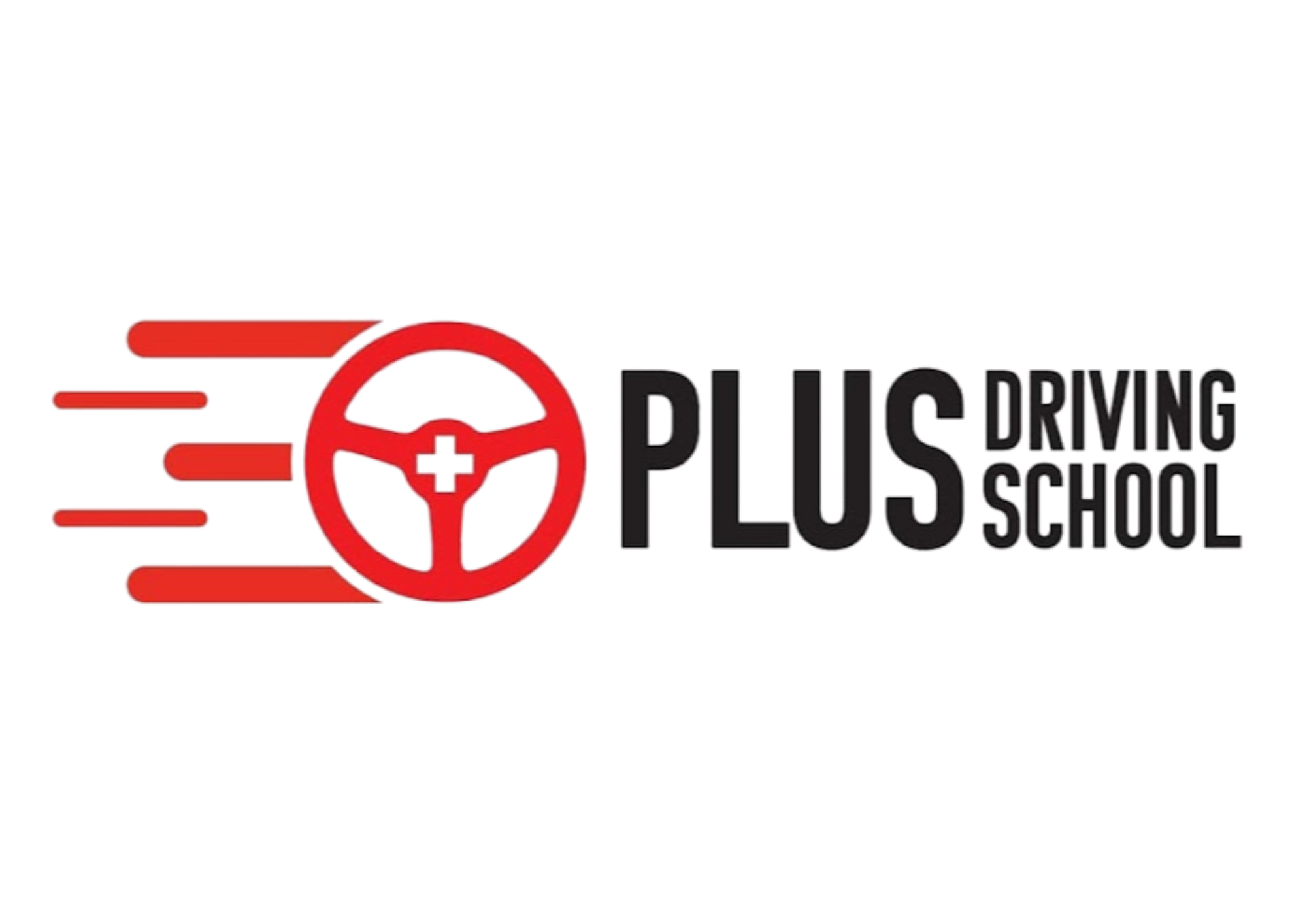 Logo for Plus Driving School featuring a stylized red steering wheel with motion lines and black text.