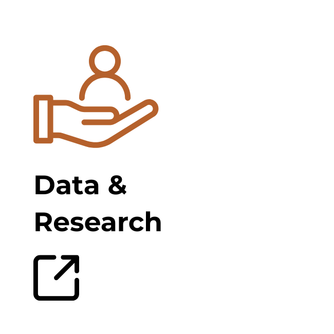 Icon of a hand holding a person, with the text 'Data & Research' and a square with an arrow pointing out of it.