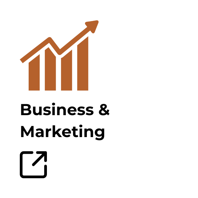 Icon of a rising bar chart with an arrow, next to the text "Business & Marketing" and an upward arrow symbol.