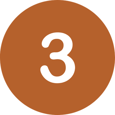 Number three in white on a brown circular background.
