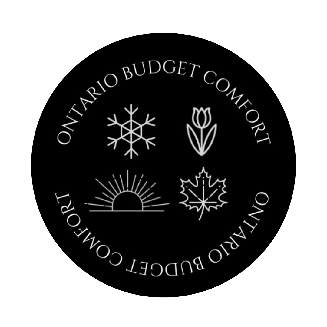 Black circular emblem with white text and symbols: snowflake, tulip, sunrise, and maple leaf, reading 'Ontario Budget Comfort'.