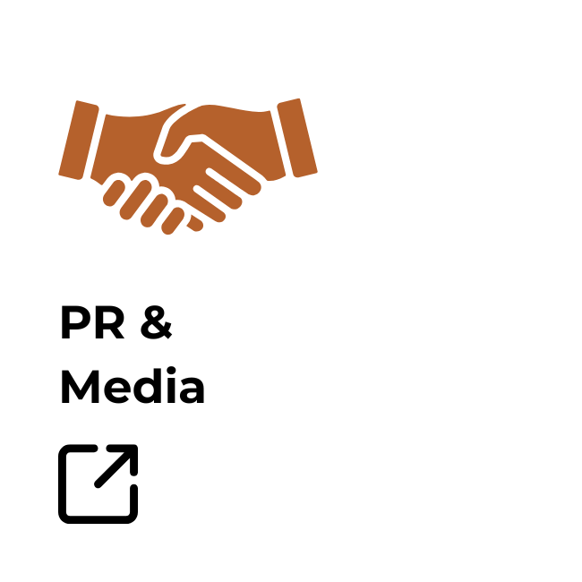 Icon of two hands shaking at the top, with the text "PR & Media" and a share arrow below.