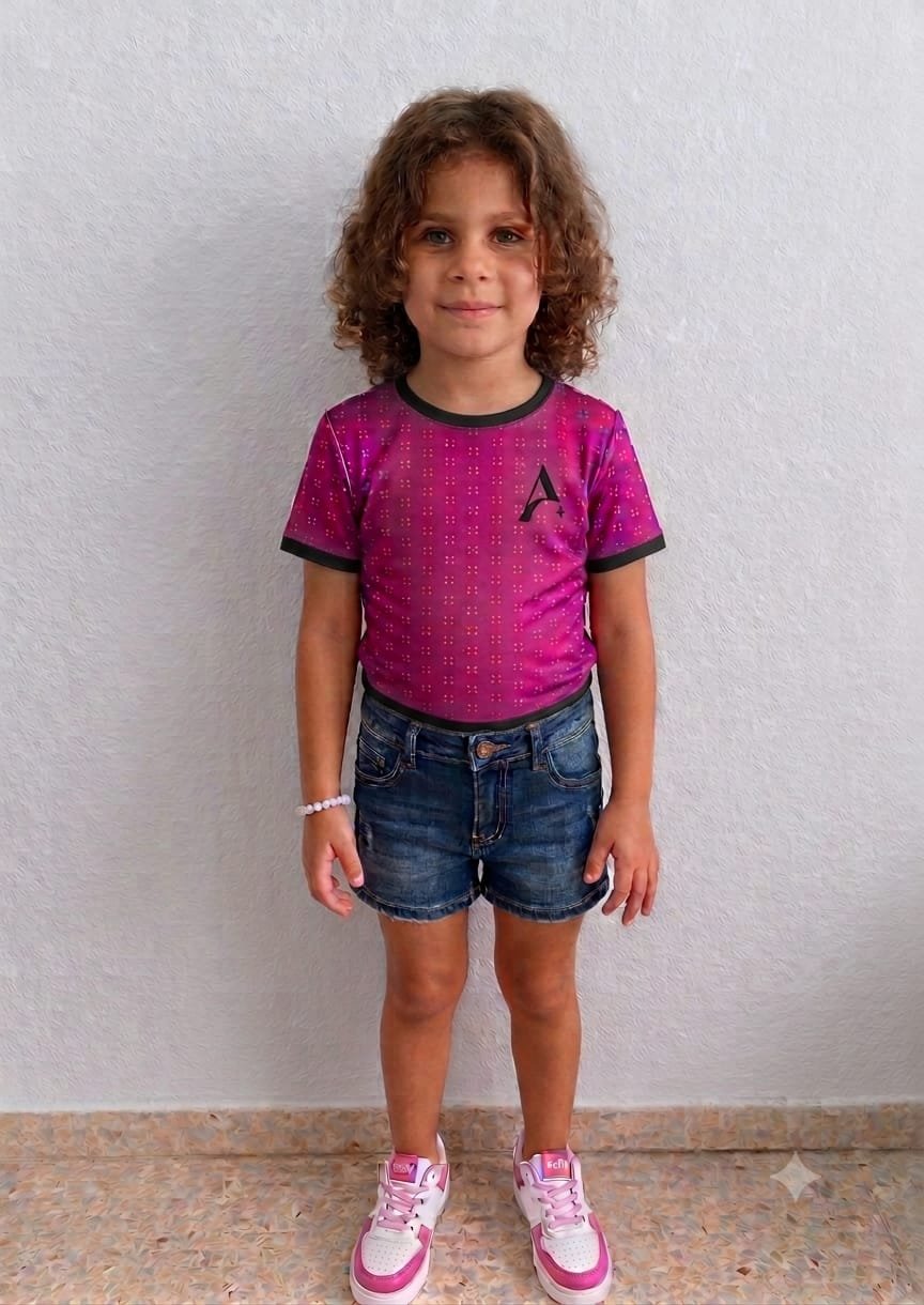 Niña con cabello rizado, camiseta rosa con detalles negros y letra A, pantalón corto de mezclilla y zapatillas rosas y blancas, frente a una pared blanca.