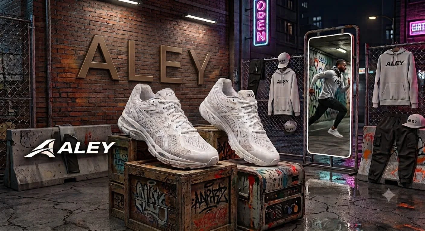 Zapatos deportivos blancos en exhibición en una tienda con mural de graffiti y luces de neón en un ambiente urbano