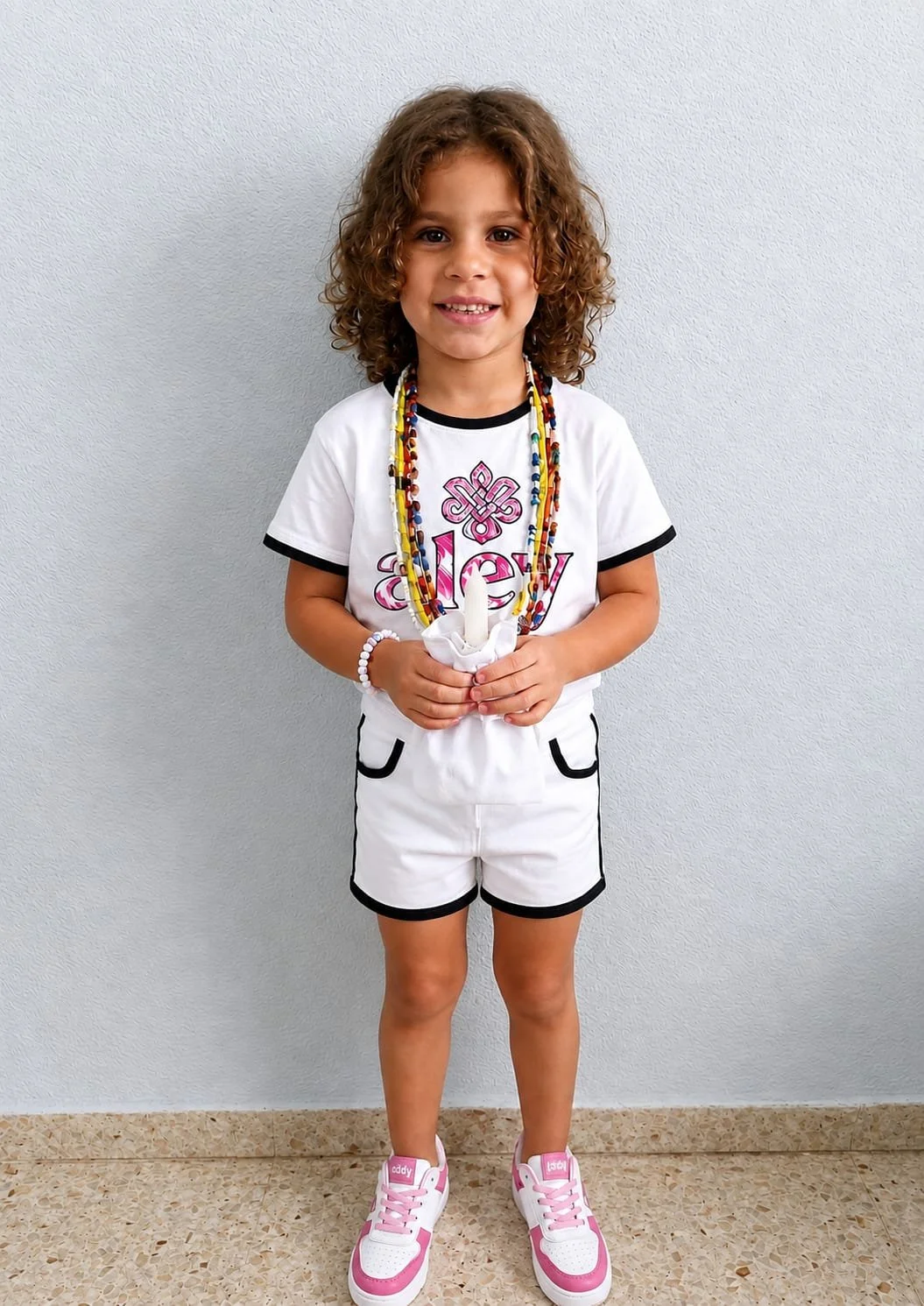 Niña con cabello rizado, vestida con camiseta blanca con detalles en negro y pantalones cortos blancos con negro, usando zapatos deportivos rosas y blancos, sosteniendo una vela en las manos y usando varias cadenas de colores.