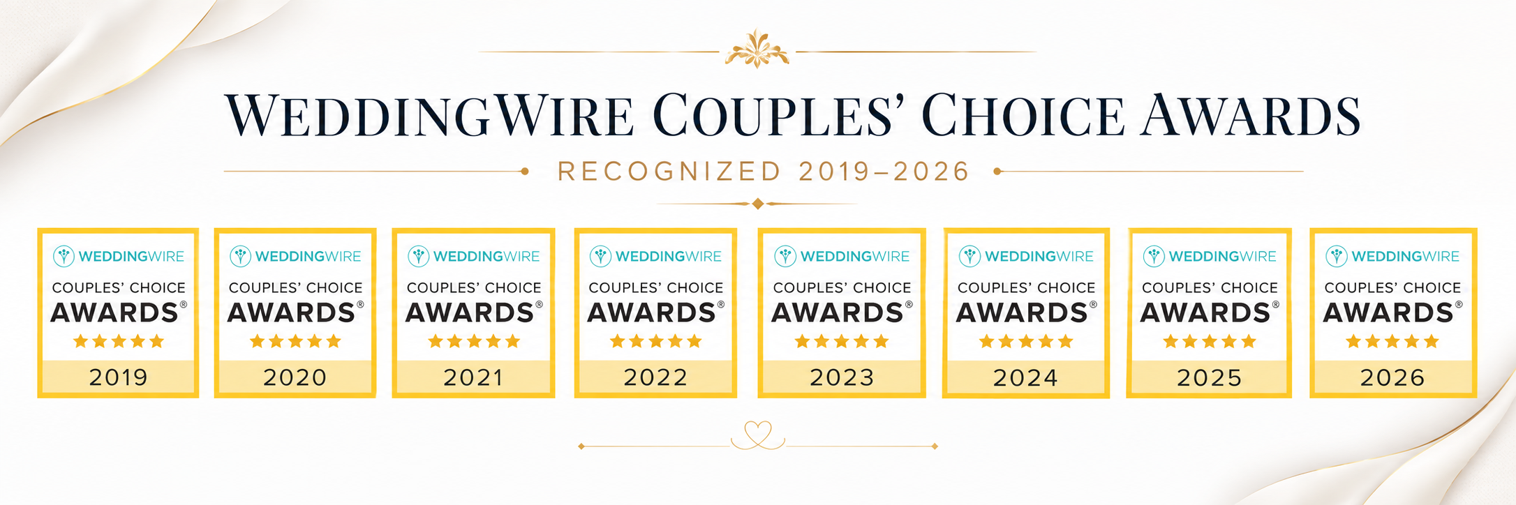 A graphic showing awards from WeddingWire's Couples' Choice Awards for the years 2019 through 2026, each with a five-star rating.