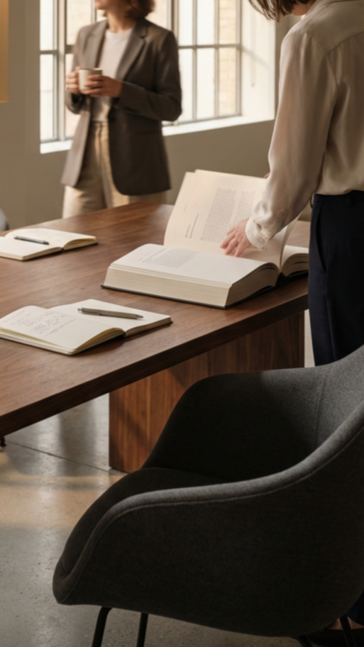 Two women in business attire working in a conference room with large windows, notebooks, open books, and a pen on a wooden table.