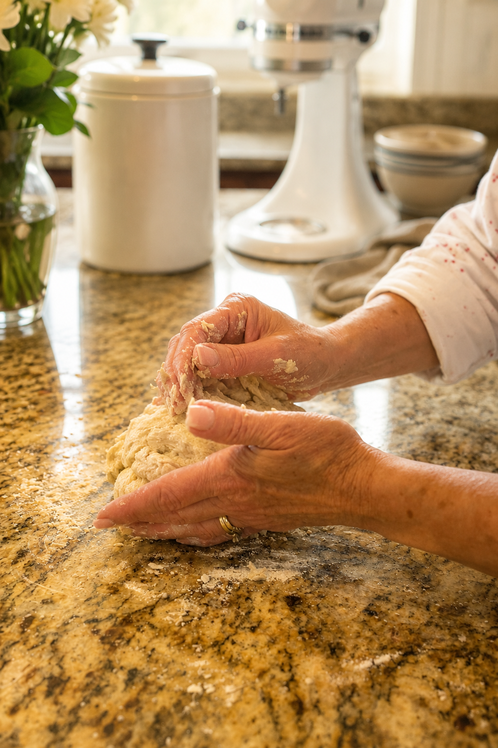 Hands kneading dough on a granite countertop in a home bakery kitchen.