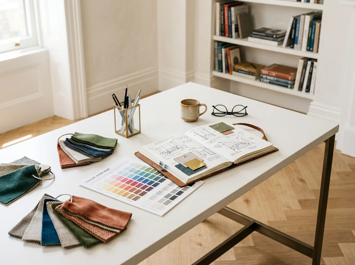 Interior design workspace with fabric swatches, color palette, architectural sketches, coffee, glasses, and stationery on a white table.