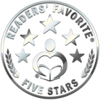 Silver badge with the text 'Readers' Favorite Five Stars' surrounding a heart-shaped open book and a star above it.