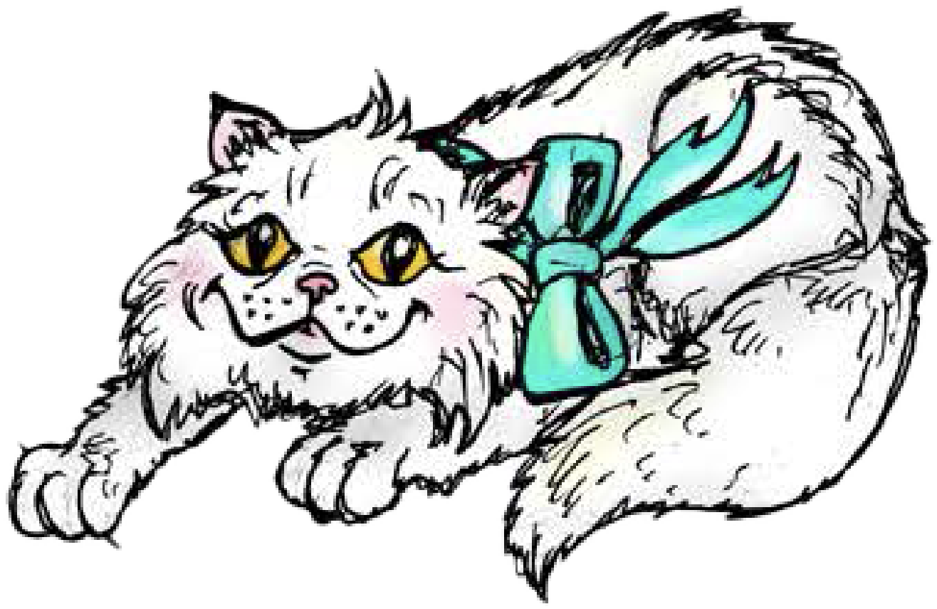 A sketch of a cute, fluffy cat with yellow eyes lying down, with a light blue scarf tied around its neck.