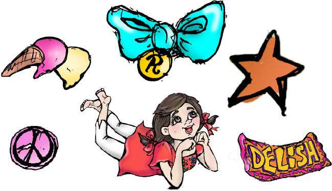 Cartoon girl lying on her stomach, surrounded by colorful objects including ice cream cones, a blue bow with a gold emblem, an orange star, a pink peace sign, and a wrapped candy labeled 'Delisha'.
