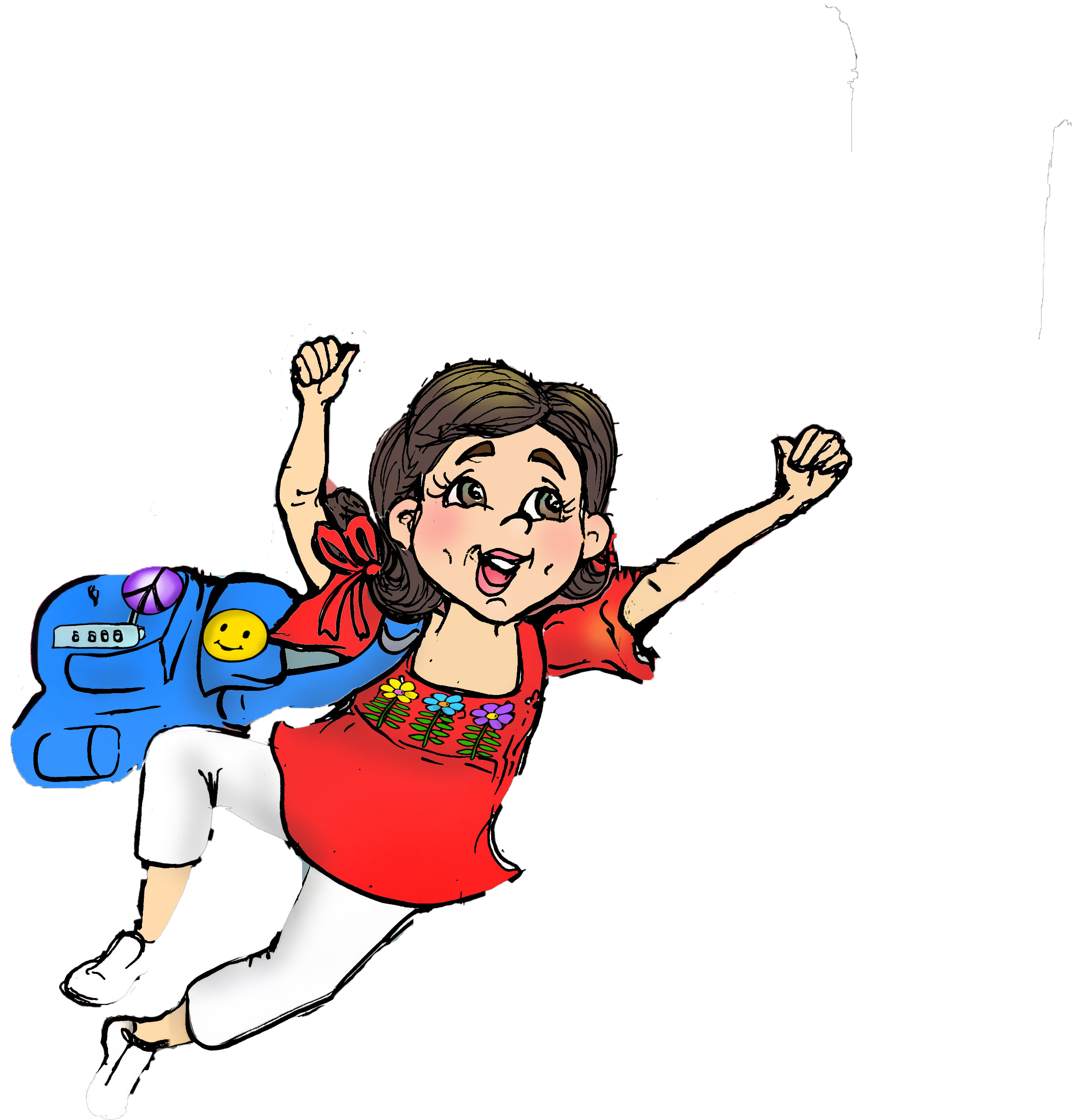 Happy young girl with a backpack, wearing a red shirt with colorful flowers, white pants, and white shoes, excitedly jumping with her arms raised.